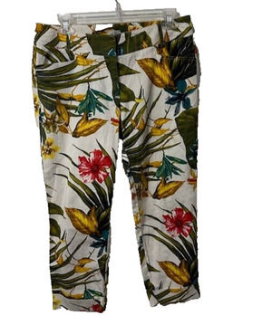 Cache Y2K Tropical Floral Capri Pants Women's Size 8 Stretch Cropped White